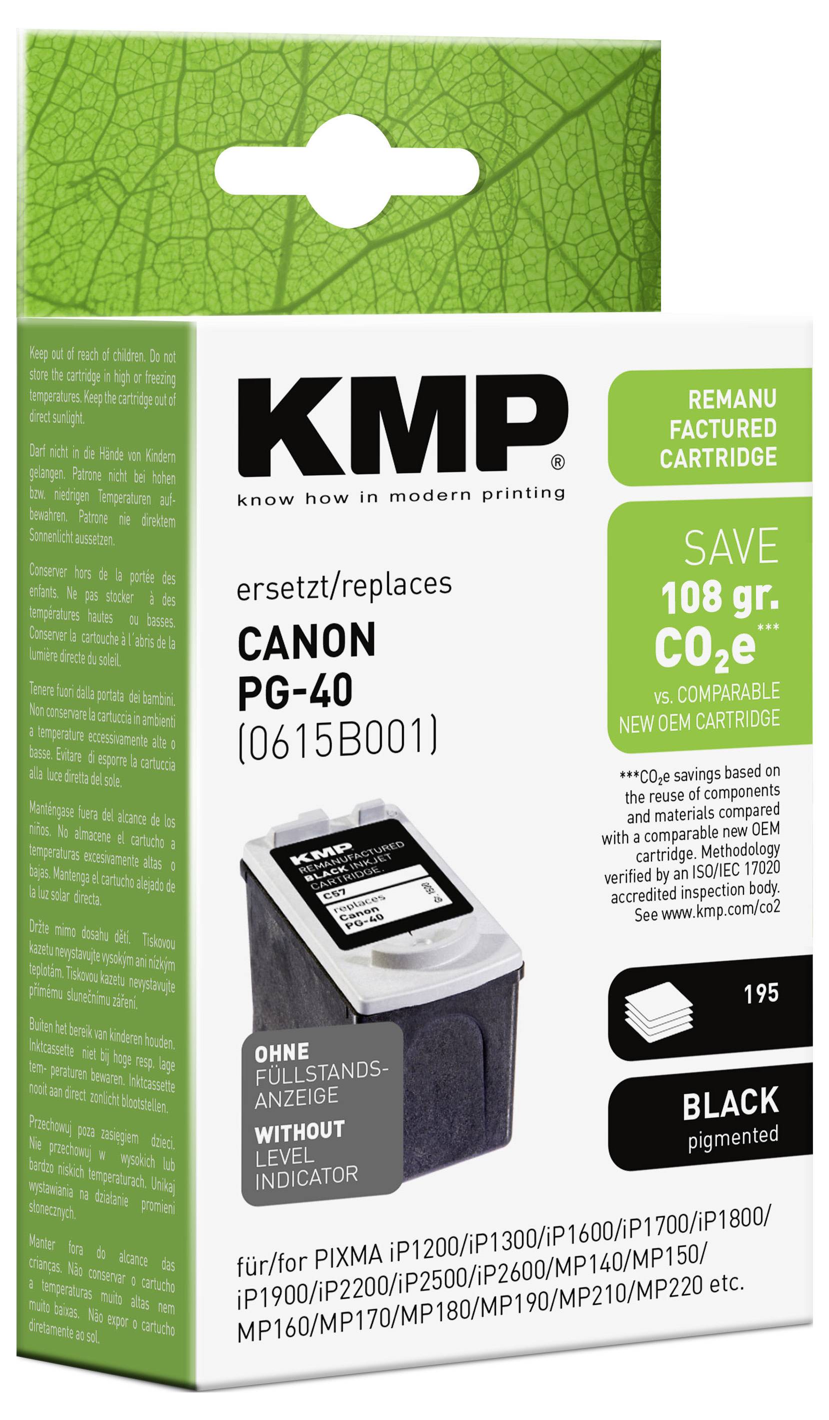 KMP predelana črna tiskalniska kartuša za Canon PG-40, prikazuje 'Prihrani 108 gr. CO2e' in združljivost z več modeli PIXMA.