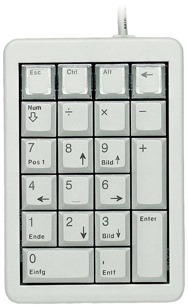 Zunanja USB številčna tipkovnica v beli barvi s tipkami za številke, Enter ter funkcijskimi tipkami kot so 'Esc', 'Ctrl' in 'Alt'.