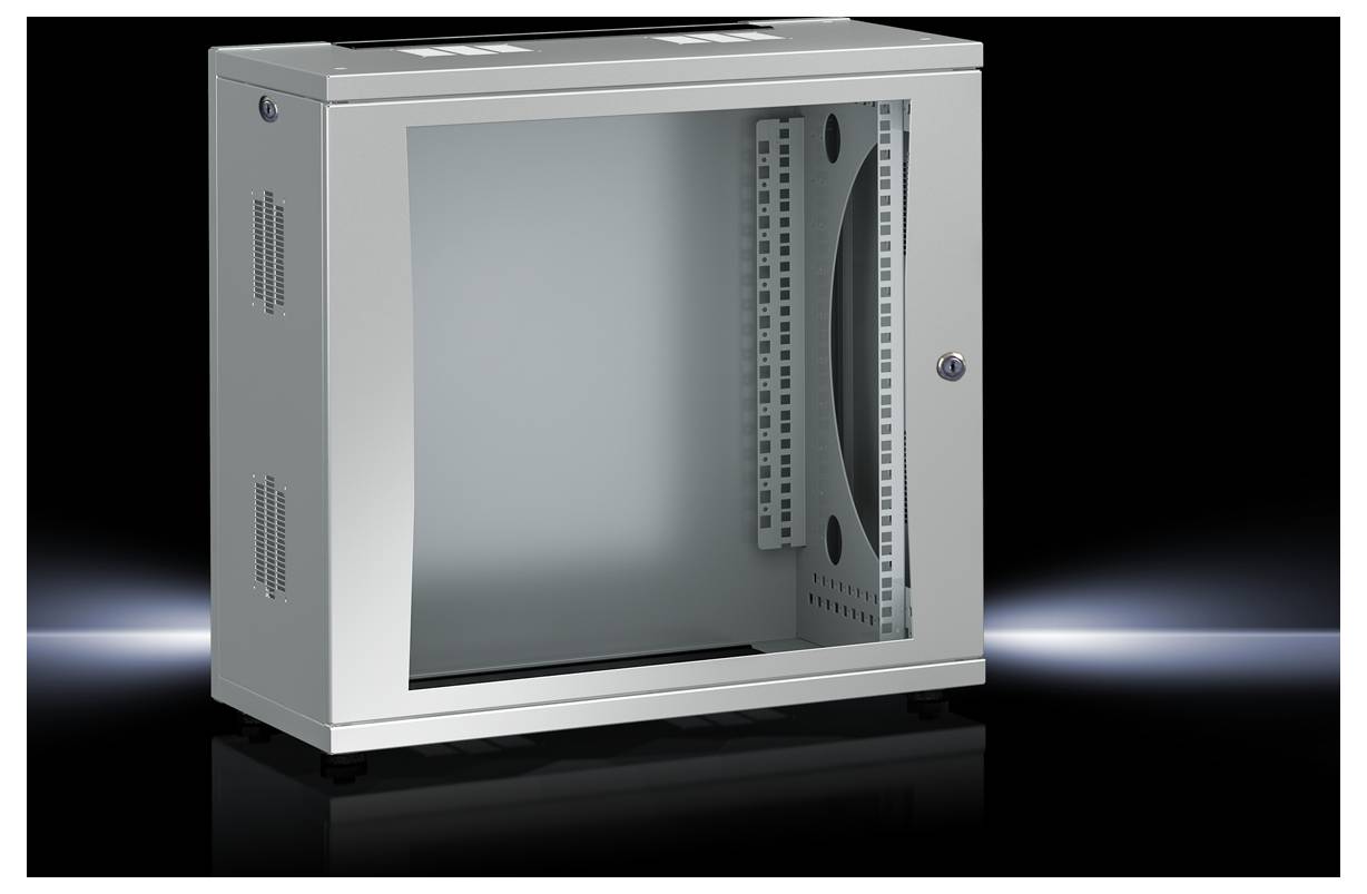 Kovinska omara s steklenim vratcem in odprtimi stranmi, primerna za montažo na steno. Idealna za varno shranjevanje elektronskih naprav.