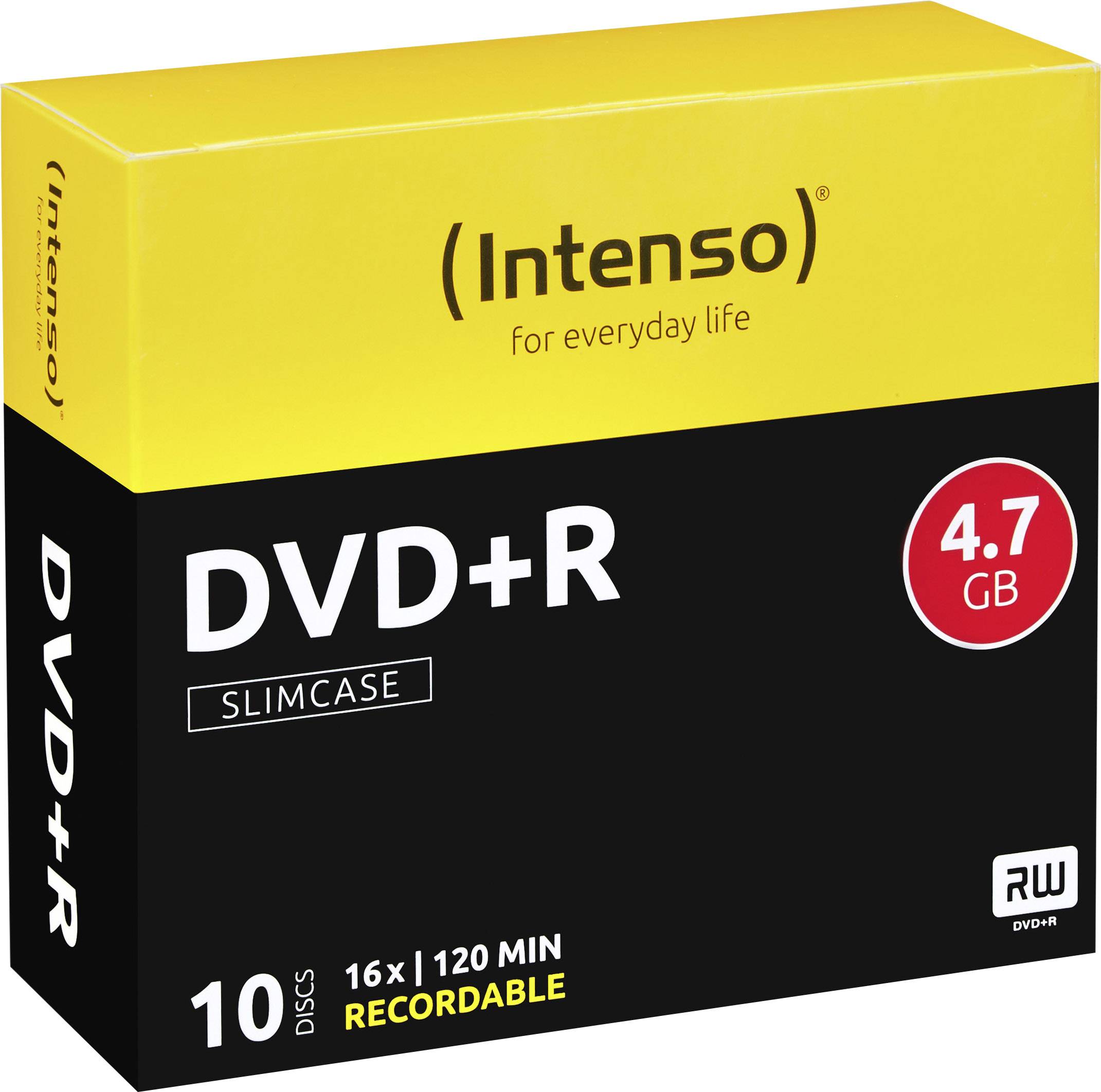 Embalaža 10 DVD+R blank plošč znamke 'Intenso' s kapaciteto 4,7 GB in hitrostjo 16x.
