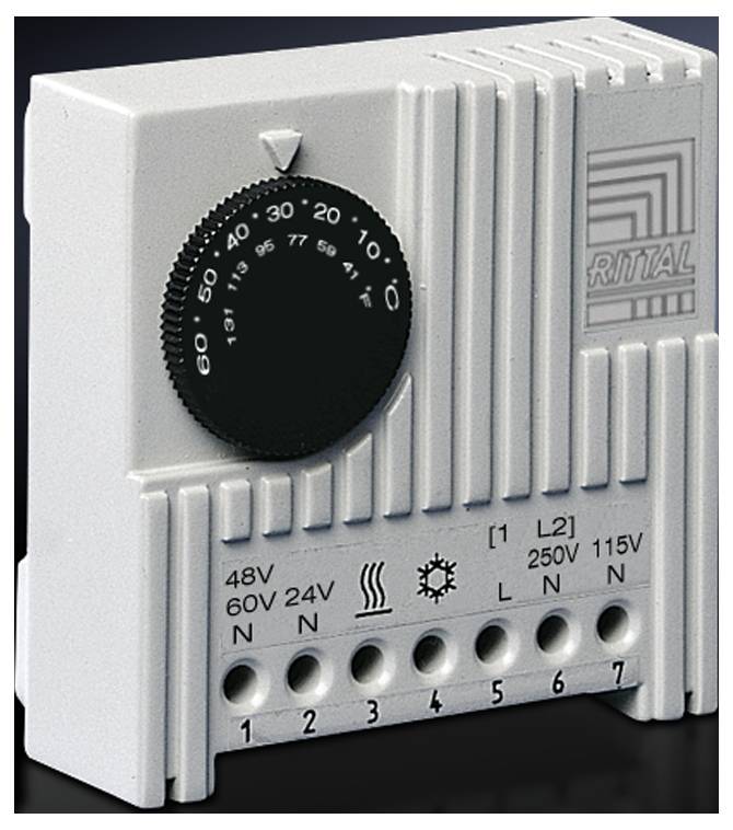 Regulacijski termostat, siv, s črnim nastavljalnim gumbom; lestvica 0°-60°C; logotipi in simboli za električne specifikacije in priključke.