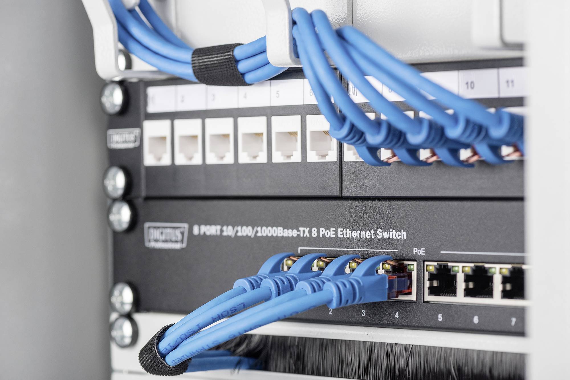 Ethernet stikalo z modrimi kabli, priključenimi na različne vrata. Oznaka '8-portno 10/100/1000Base-TX 8 PoE Ethernet stikalo'.