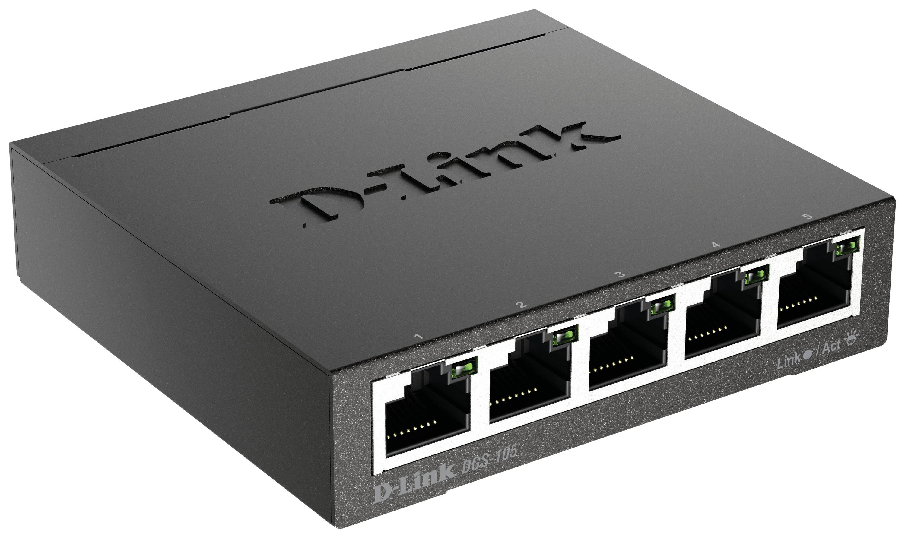 Črn D-Link Ethernet stikalo z modelom 'DGS-105', ki ima pet LAN priključkov, stoji na gladki površini.