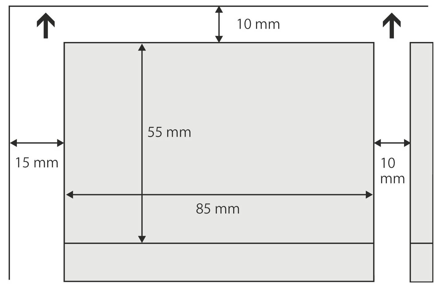 Tehnični diagram pravokotnega panela z dimenzijami: 85 mm širine, 55 mm višine, 15 mm levega roba, 10 mm desnega in zgornjega robova.