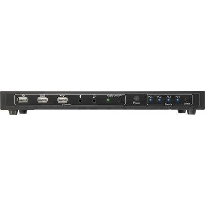 KVM stikalo z USB priključki, zvočnimi priključki in LED indikatorji za napajanje, vir in status računalnika.