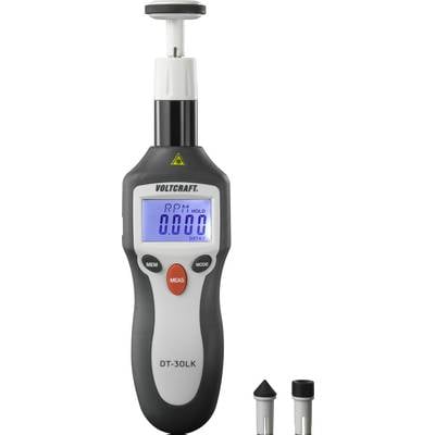 Digitalni tahometer z zaslonom za obrate na minuto (RPM), model DT-30LK podjetja Voltcraft, z dvema zamenljivima glavama.