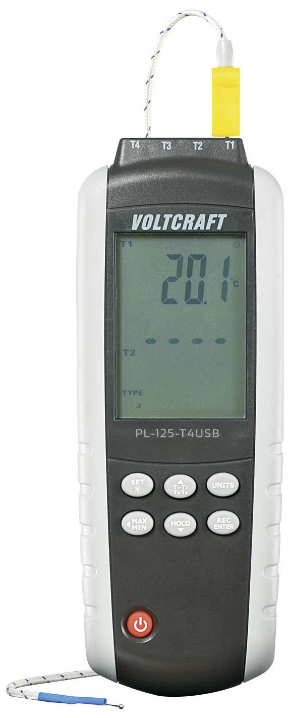 Digitalni termometer kaže temperaturo 20,1 stopinj Celzija. Ima več funkcijskih tipk in priključen kabel.