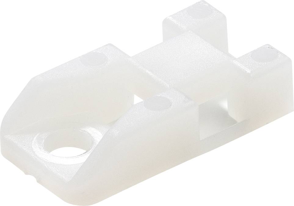 Bel pravokoten plastični del z luknjami in dvignjenim središčem, verjetno montažni ali pritrdilni element.
