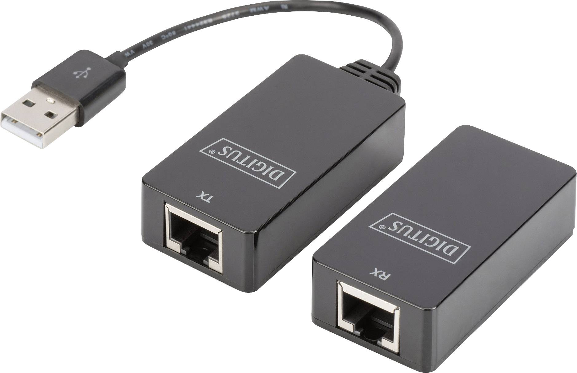 Dva črna omrežna adapterja znamke 'Digitus' sta povezana preko USB kabla. Vsak od njiju ima priključek Ethernet.
