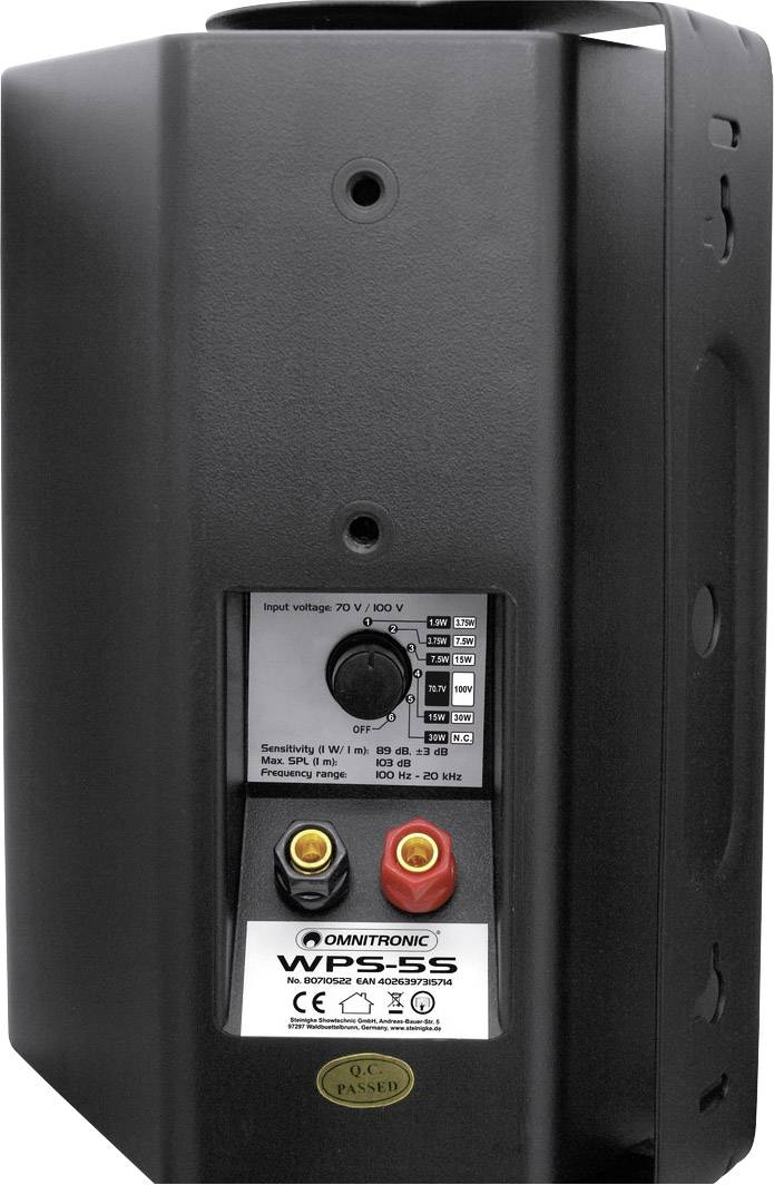 Črn zvočnik Omnitronic, model WP-5S, prikazuje priključke in upravljalne elemente na zadnji strani.