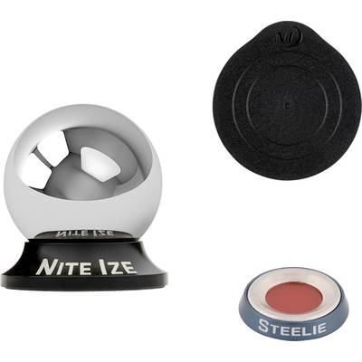 Magnetno držalo za telefon 'Nite Ize' s komponentami, ki vključuje kromasto kroglo s črno osnovo, okroglo črno lepilno ploščico in rdeč magnetni disk z oznako 'Steelie'.