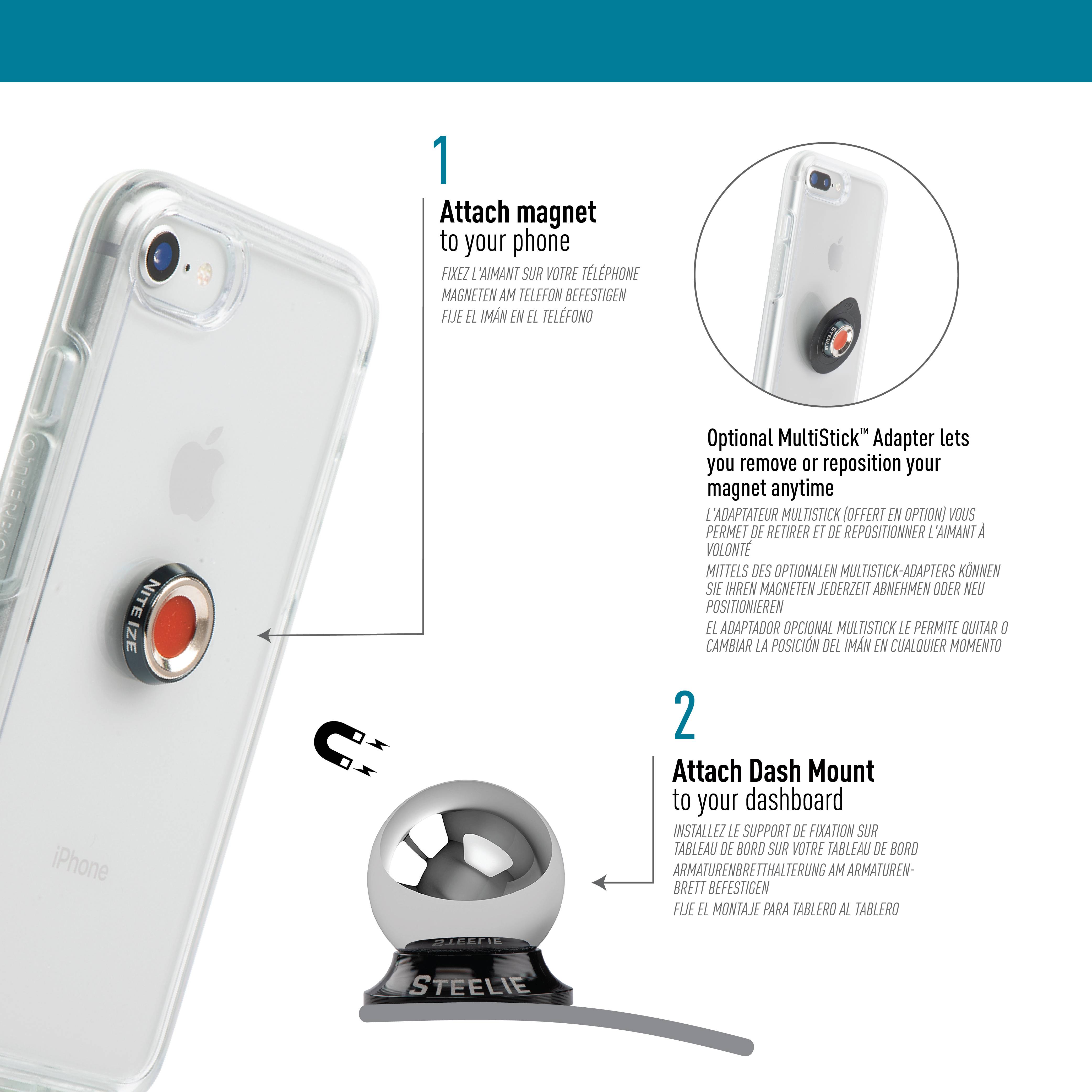 »Prilepite magnet na telefon« prikazuje mobilni telefon z majhnim lepilnim magnetom. »Pritrdite Dash Mount na armaturno ploščo« prikazuje magnetni nosilec za telefon v avtu.