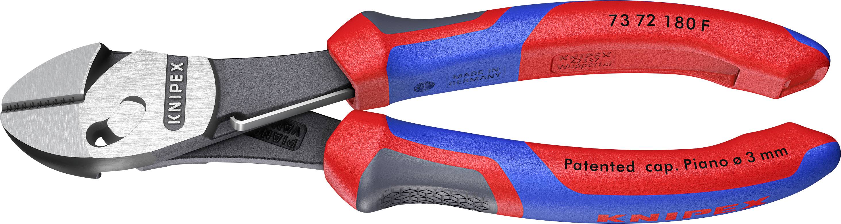 Par stranskih klešč Knipex z rdečimi in modrimi ergonomičnimi ročaji, s prikazano modelno številko in besedilom 'Patentirana kapa. Piano ø 3 mm' na strani.