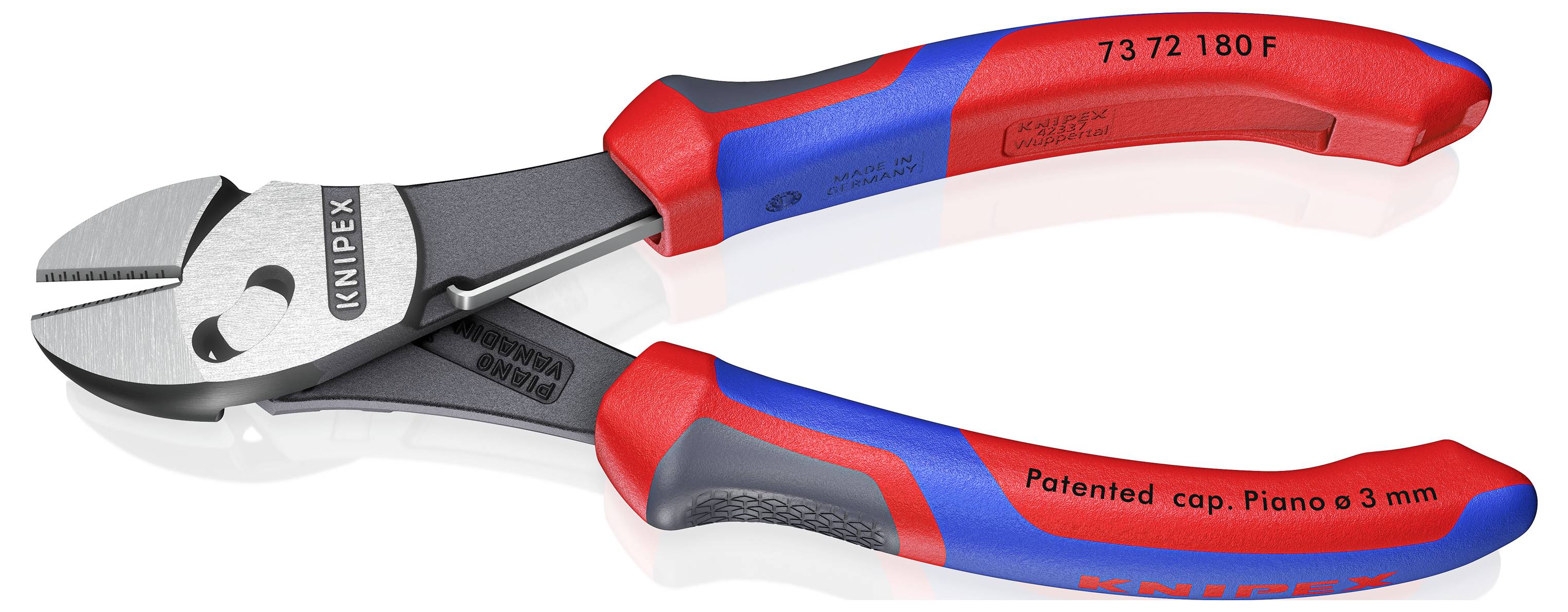 Klešče 'KNIPEX' z rdečimi in modrimi gumiranimi ročaji in jeklenim rezalnikom, z besedilom '73 72 180 F' in 'Patentirana kapa. Premer klavirja 3 mm'.