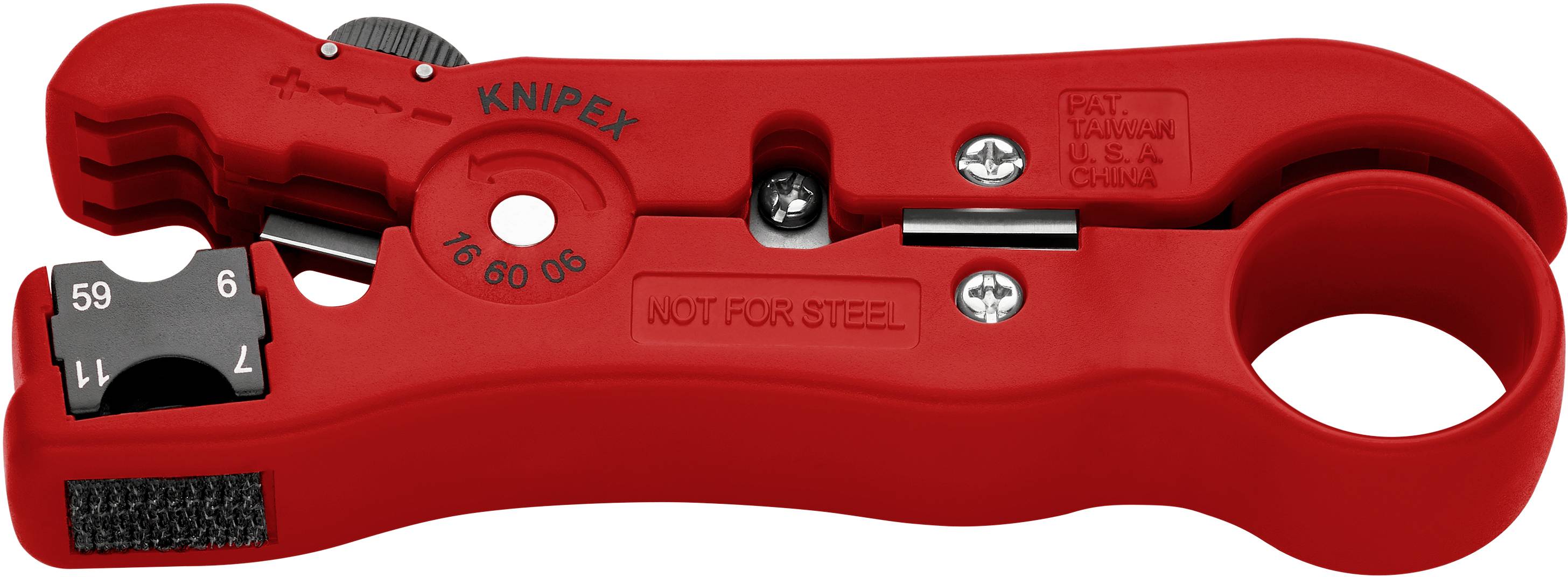 Rdeče orodje za lupljenje izolacije znamke Knipex, primerno za koaksialne kable in fino žičnate vodnike. Zasnovano za natančnost in učinkovitost.