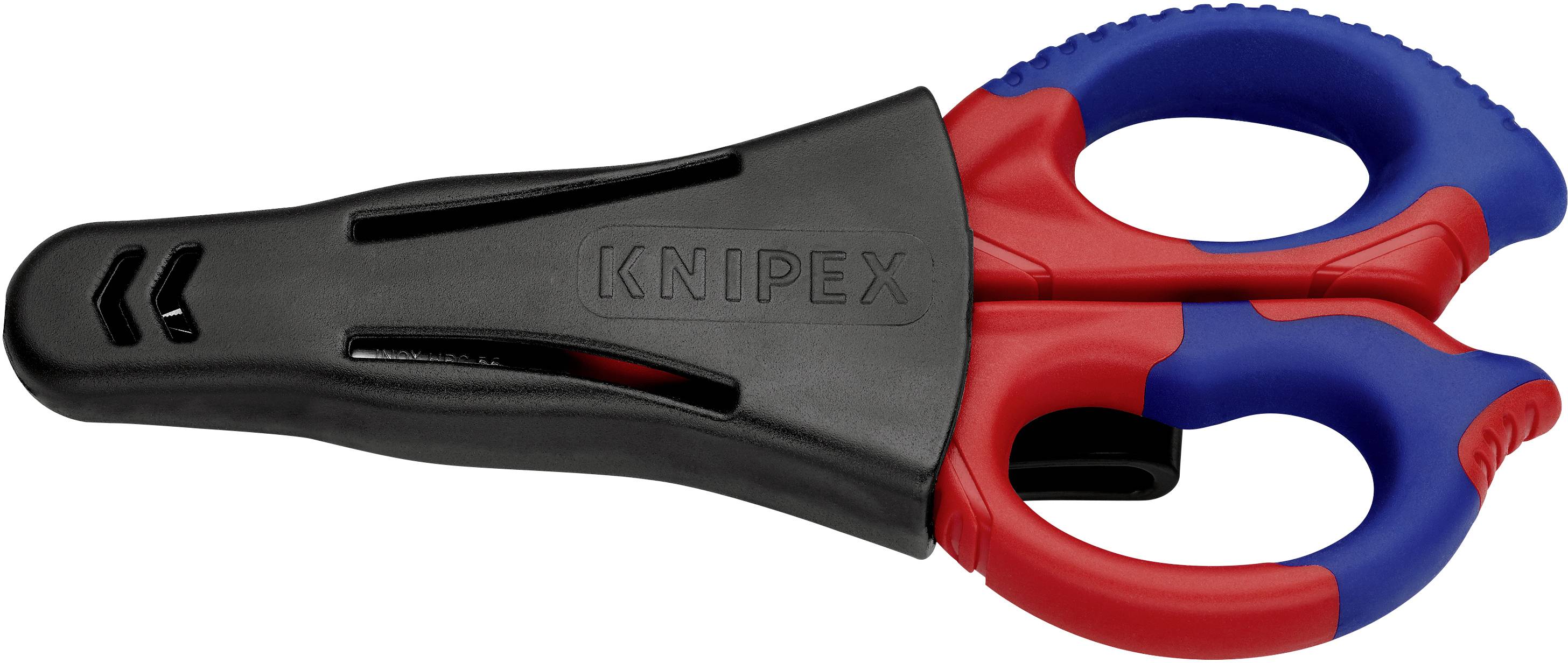 Rdeče in modre škarje z črnim zaščitnim premazom, z vidnim blagovnim imenom „Knipex", zasnovane za natančno rezanje.