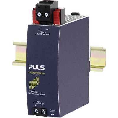 Elektronski redundančni modul v škatli (znamke PULS) nameščen na DIN letev, označen z 'Izhod DC 12-28V 40A'.