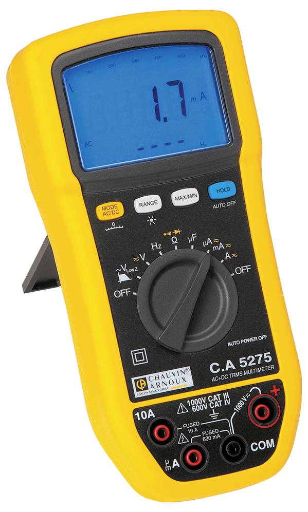 Rumeno multimeter na zaslonu prikazuje '1,7 mA'. Ima vrtljiv stikalni mehanizem z različnimi merilnimi nastavitvami.