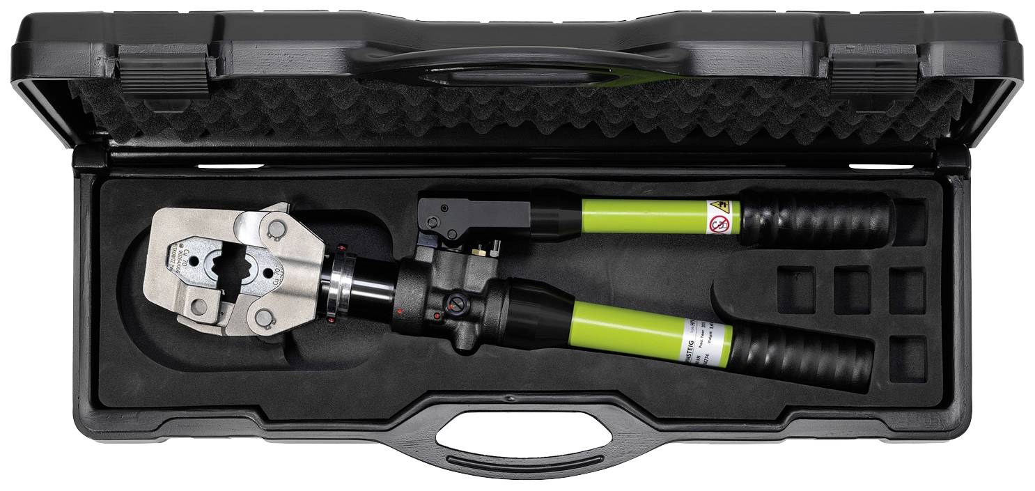 Hidravlična krimपna klešča z zelenimi ročaji v črni torbi. Uporablja se za povezovanje kablov in terminalov.