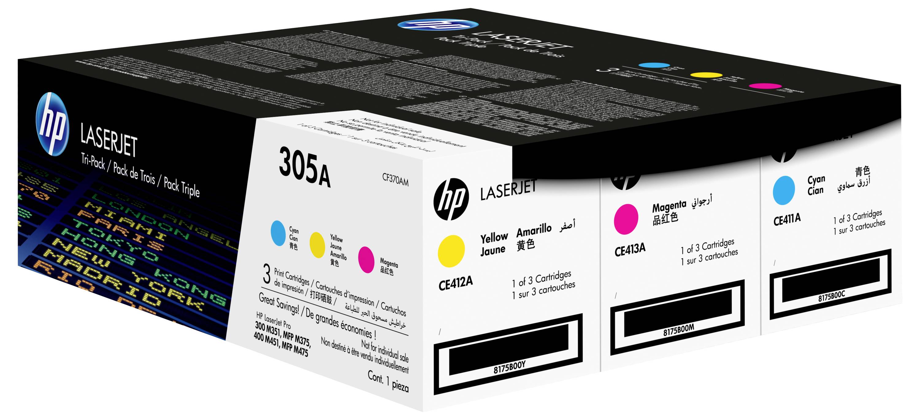 Multipak škatla tonerja HP LaserJet 305A, prikazujoča ciansko, rumeno, magento in črno kartuš za kompatibilne tiskalnike LaserJet.