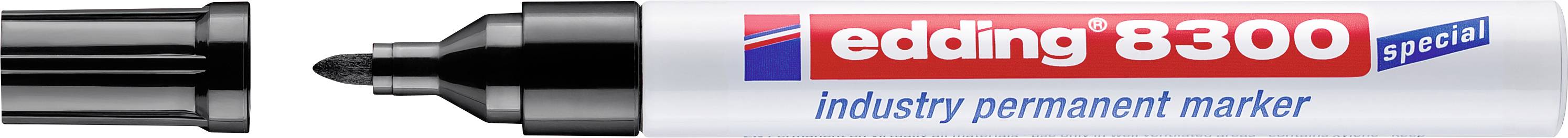 Edding 8300 posebni industrijski trajni marker prikazan v bliskom posnetku s pokrovčkom in klinom vidnima.