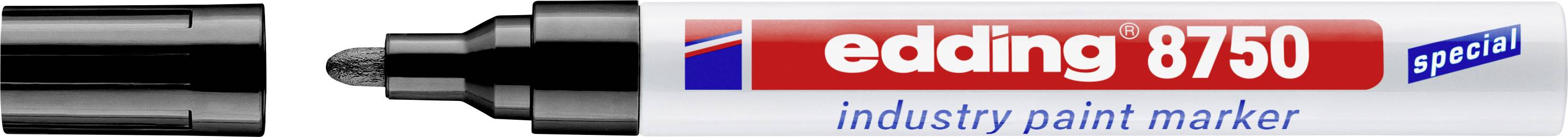 Edding 8750 posebna industrijska barva za označevanje z črno kapico in konico, prikazana v embalaži z rdečo in belo nalepko.