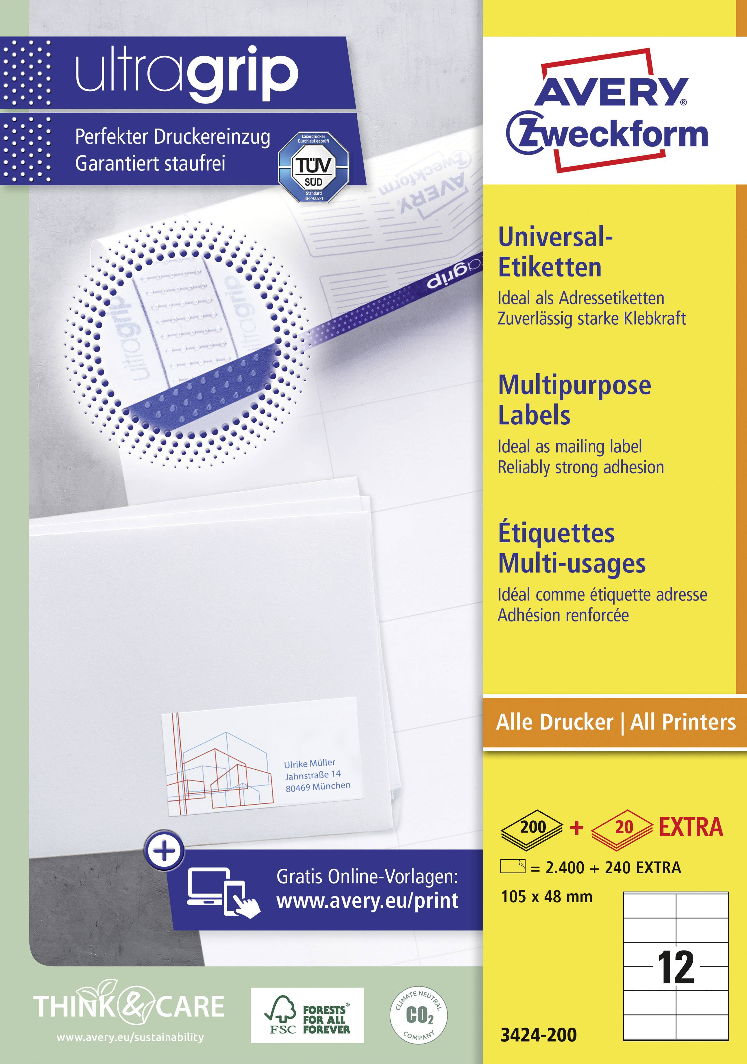 Embalaža Avery Zweckform univerzalnih nalepk (model 3424-200) za različne tiskalnike. Vsebuje 2.640 nalepk, velikosti 105 x 48 mm.