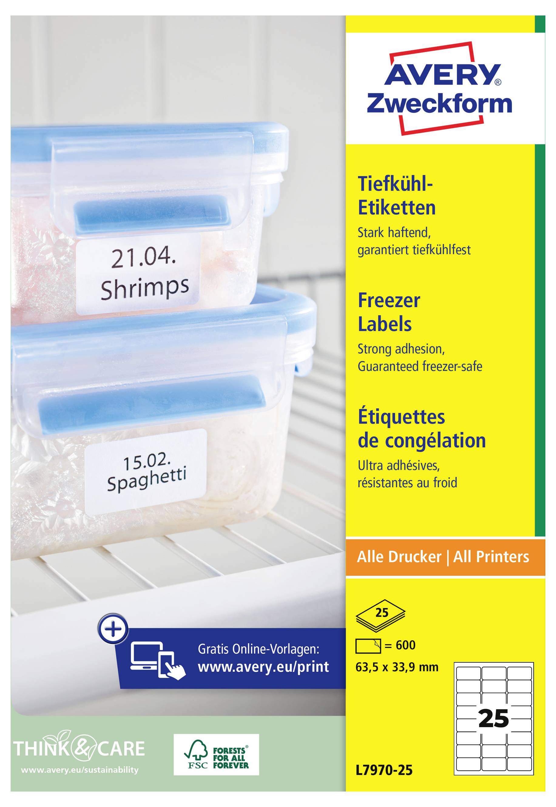 Ogljiva Avery Zweckform za zamrzovalnik na plastičnih posodah za hrano v zamrzovalniku, ki prikazuje večjezični tekst, velikost nalepke 63,5 x 33,9 mm in paket 25 nalepk.