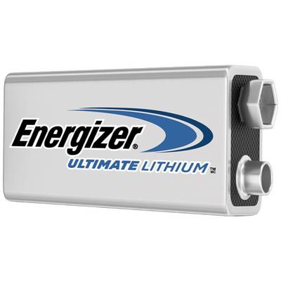 Baterija z napisom 'Energizer Ultimate Lithium', pravokotne oblike, srebrno ohišje, modro-črn logotip.