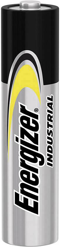 Srebrna baterija 'Energizer Industrial' z rumenim lokom in črnim pokrovčkom, primerna za industrijske aplikacije.