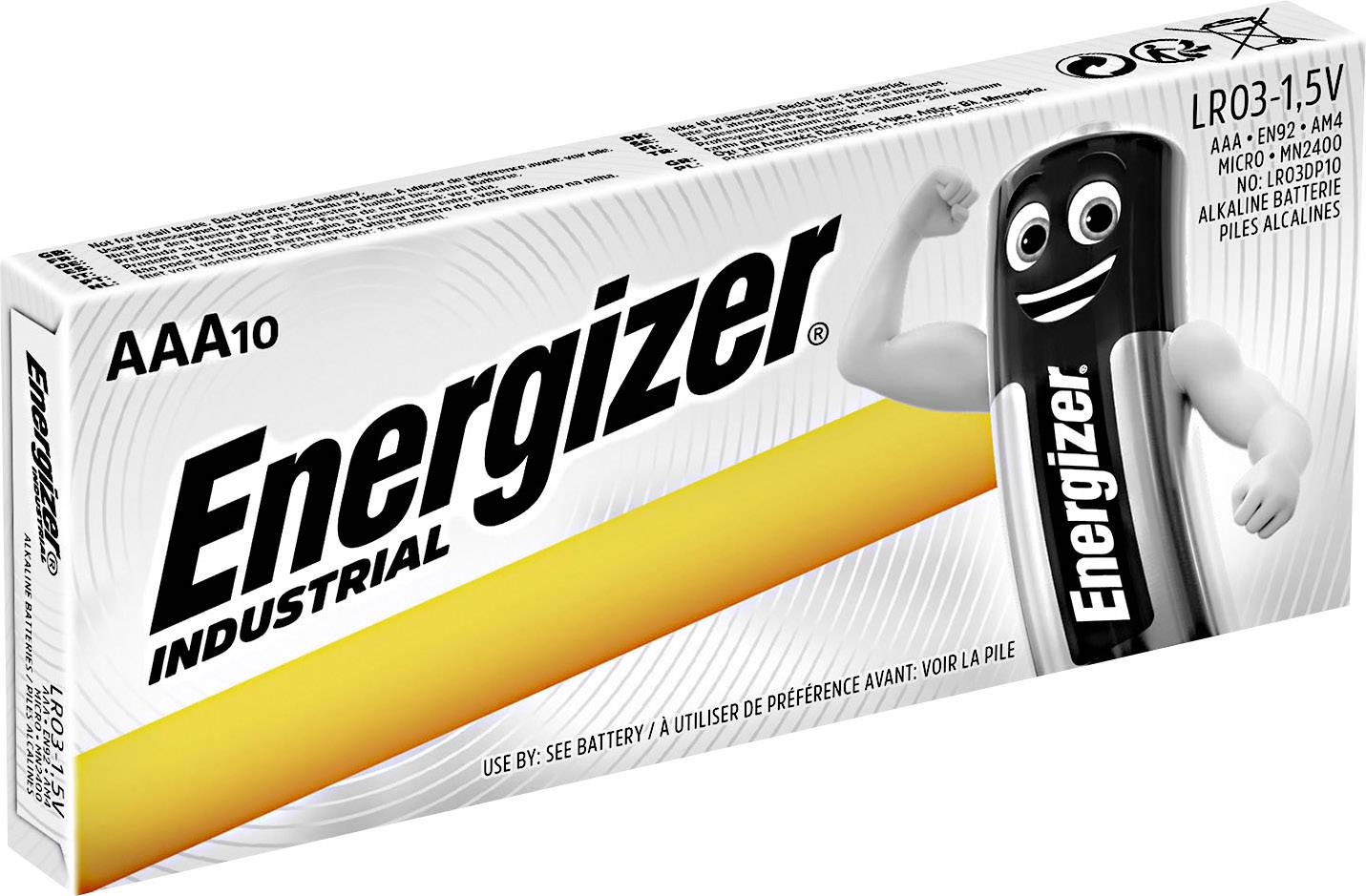 Embalaža baterij Energizer Industrial AAA. Prikazuje baterijo z obrazom ter napisi 'AAA' in '1.5V'.