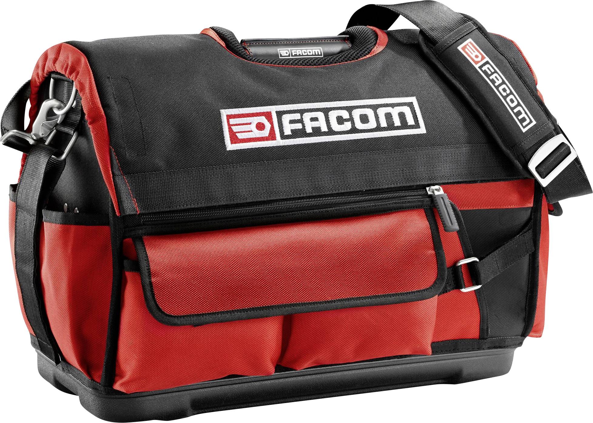 Rdeča in črna torba za orodje z naramnim trakom in več predali, logotip 'FACOM' na sprednji strani.