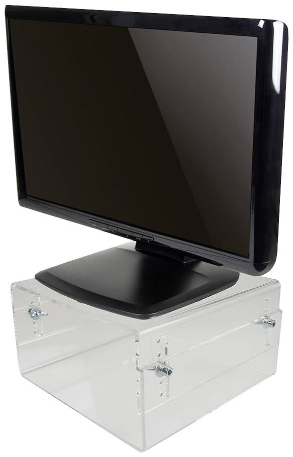 Monitor stoji na prosojni, privijačeni plastični škatli. Monitor je izklopljen.