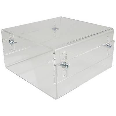 Prozorna plastična škatla s kovinskimi vijaki na vogalih, na beli podlagi.