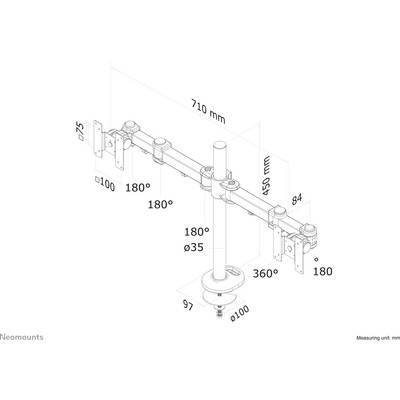 Tehnična risba nosilca za monitor z dimenzijami: skupna širina 710 mm, višina 450 mm, kot nagiba 180° in 360° obračanje.