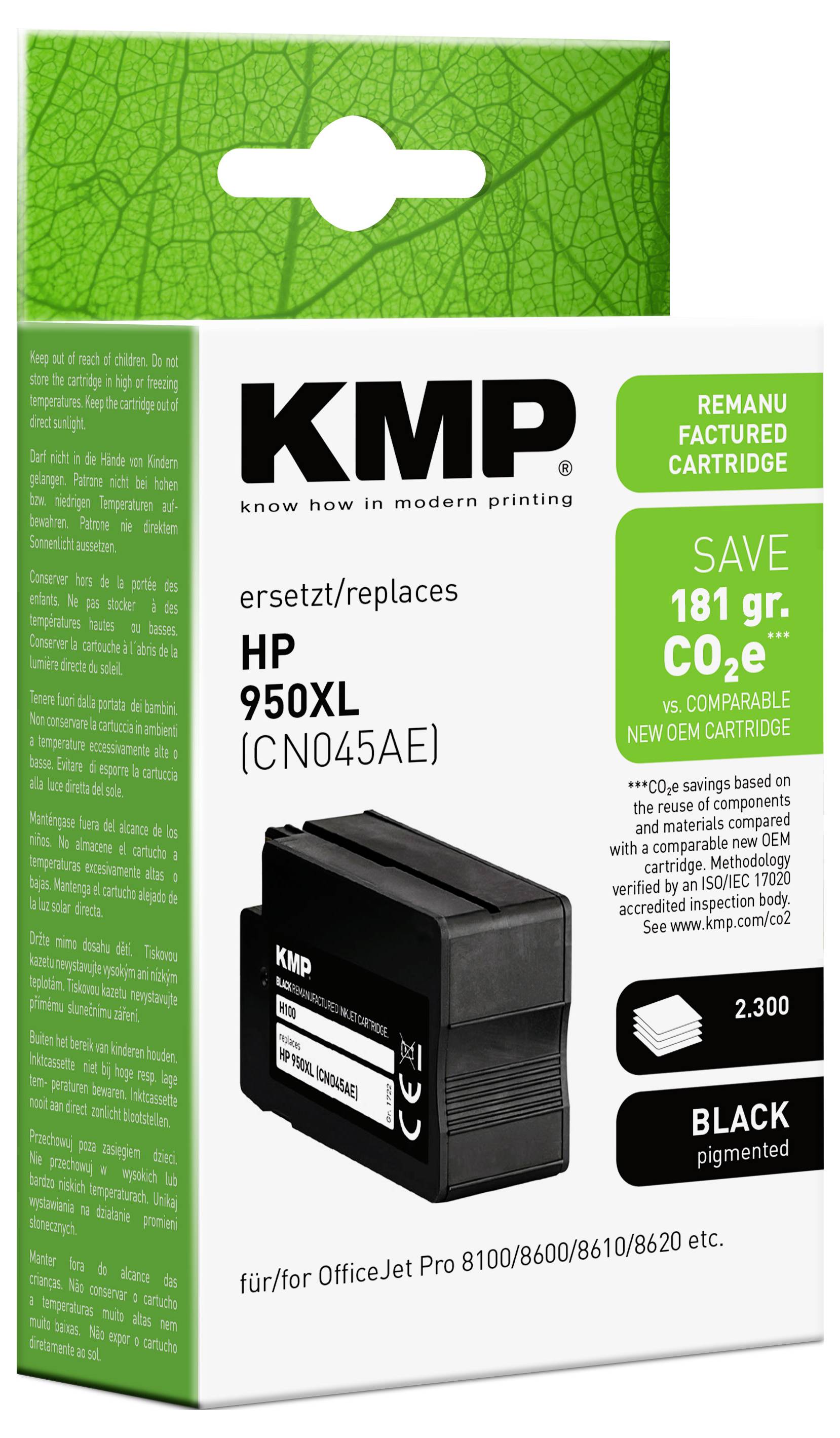 KMP ponovno izdelana črna črnilna kartuša za HP 950XL, označena z 'prihranite 181 g CO2e' in kompatibilna s tiskalniki OfficeJet Pro.