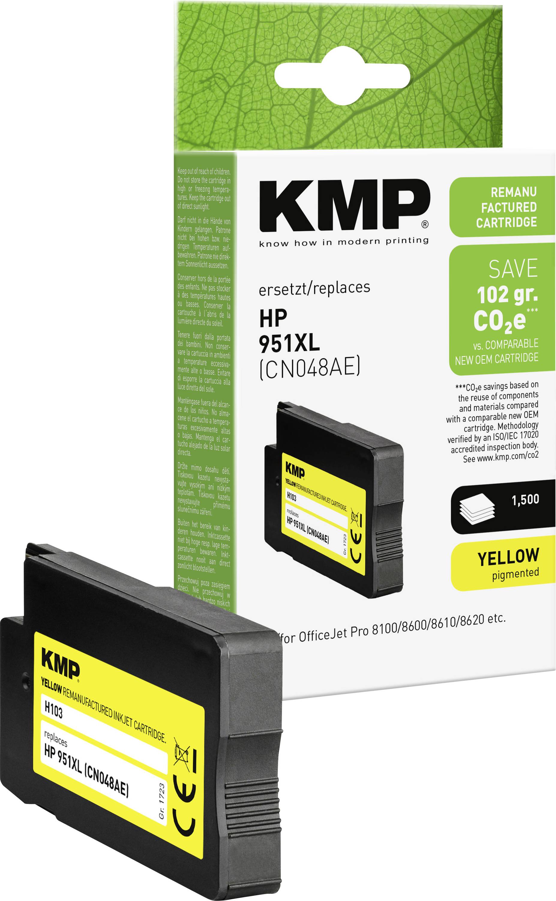 KMP rumena nadomestna tinta za HP 951XL, prikazana z gre škatlama in kartušo zunaj embalaže.