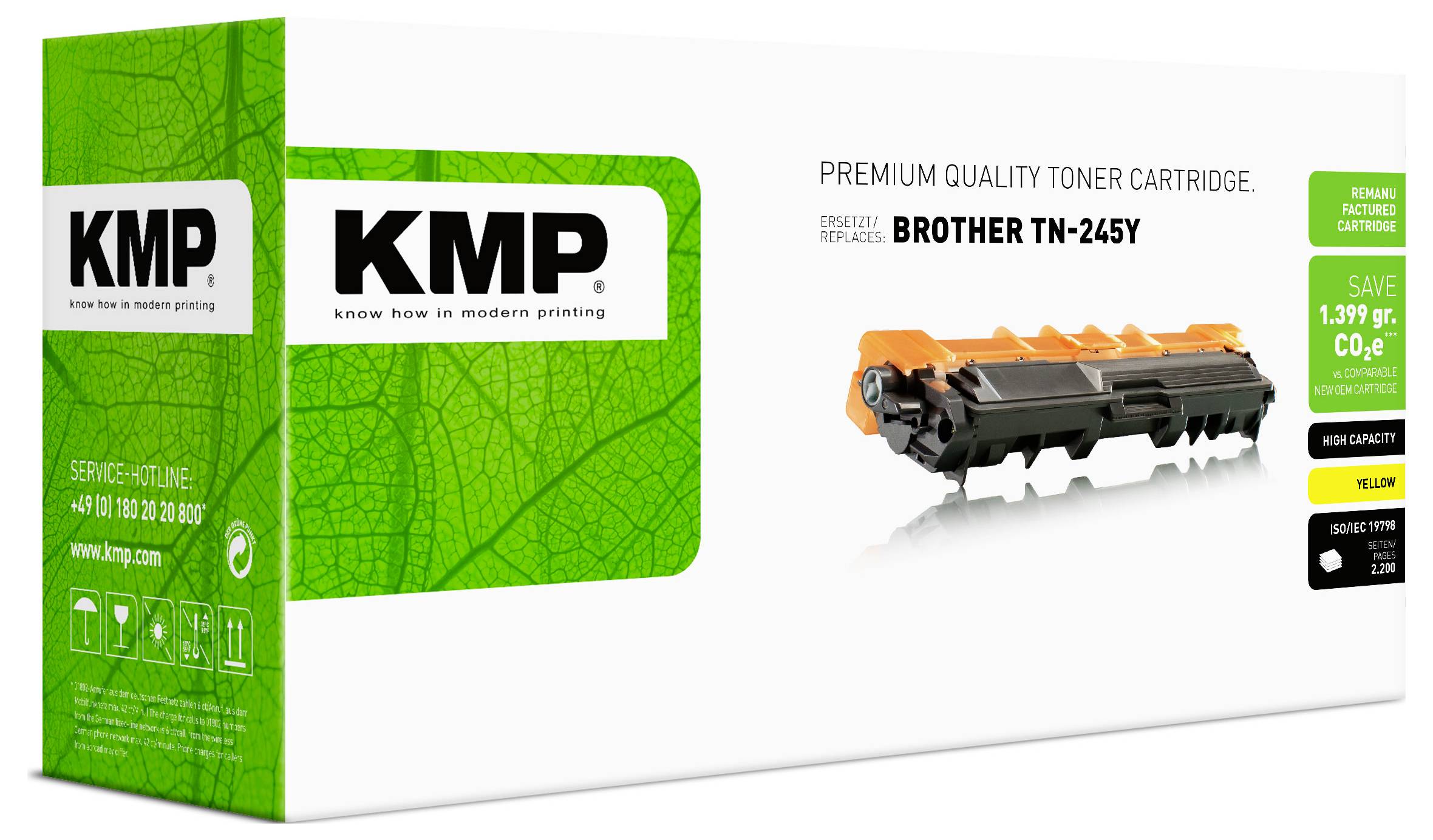 KMP toner kartuša premium kakovosti za Brother TN-245Y, prikazuje rumeno tonersko kartuš in podrobnosti o združljivosti.
