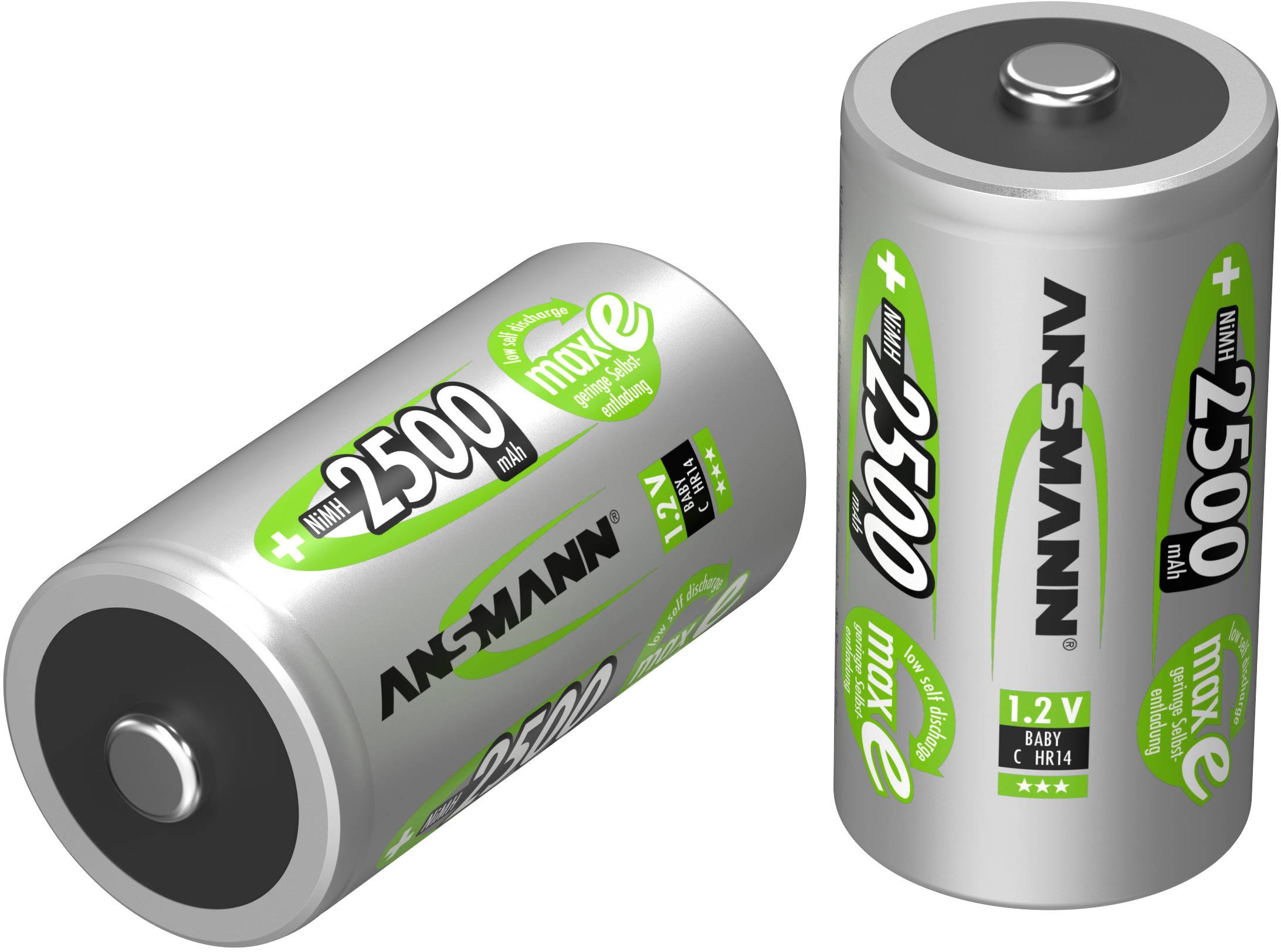 Dva srebrna baterijska vložka znamke Ansmann s kapaciteto 2500 mAh, eden stoječ, drugi ležeč.