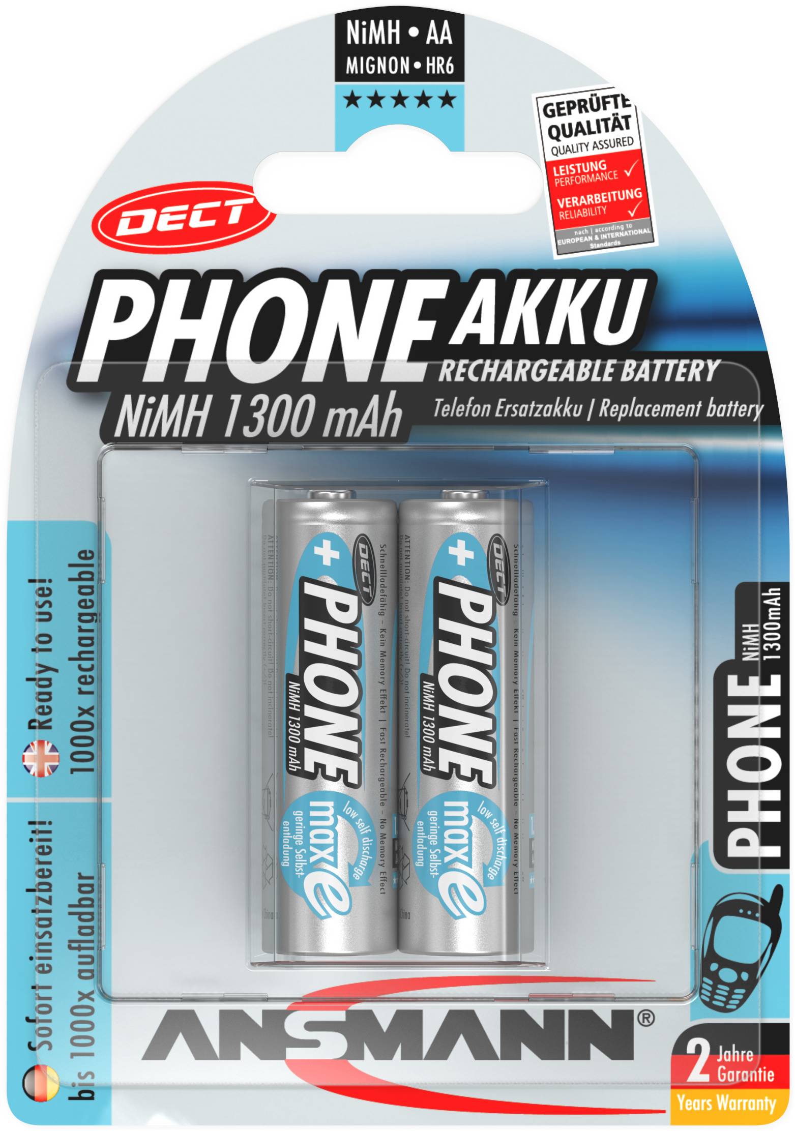 Dva polnljiva NiMH AA akumulatorja, 1300 mAh, znamke Ansmann, pakirana za DECT telefone, z 2-letno garancijo.