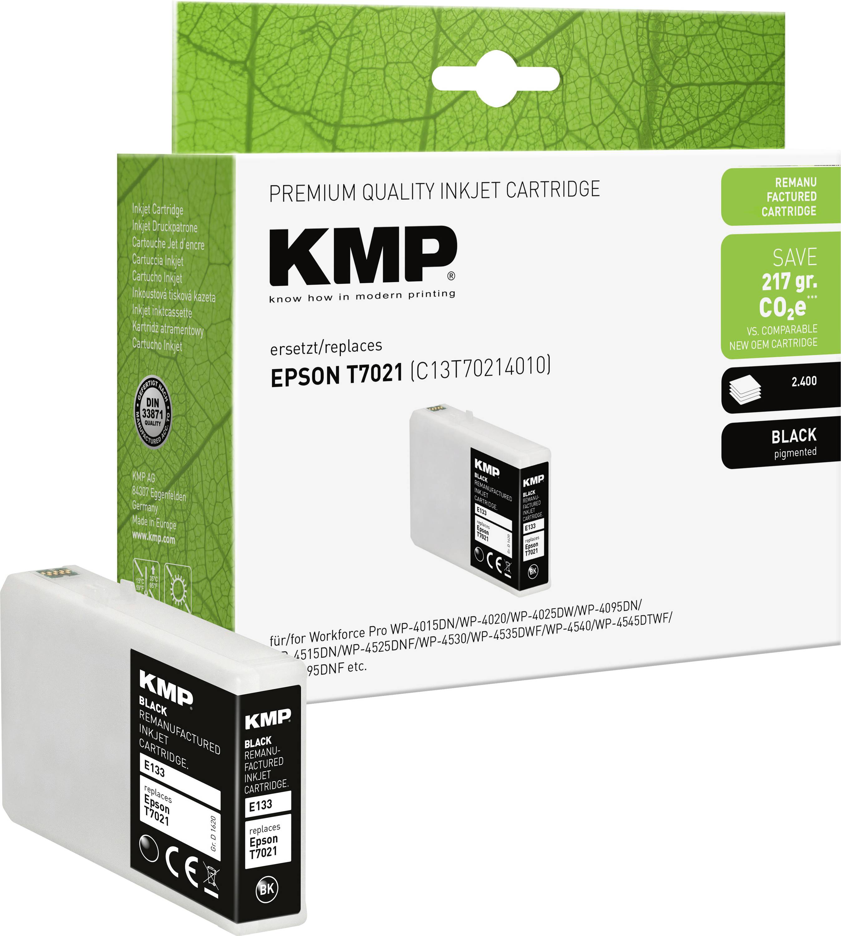 KMP premium črna ink jet kartuša za Epson T7021, s prikazom podrobnosti o zamenjavi in prihrankih.