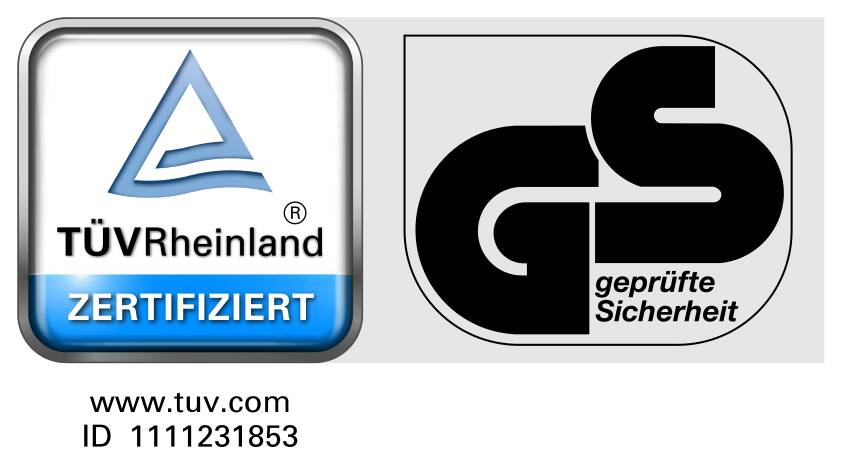 'Certificirano v skladu s TÜV Rheinland. Preizkušeno z GS za varnost.'