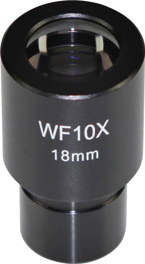 Mikroskopsko okular z napisom 'WF10X 18mm', črno ohišje, optični instrument za povečavo pogleda na objekte.