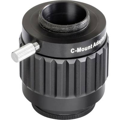 C-mount adapter v črni barvi z sivim nazobčanim obročem in srebrnim kovinskim vzvodom. Adapter za priključitev kamer na teleskope ali mikroskope.