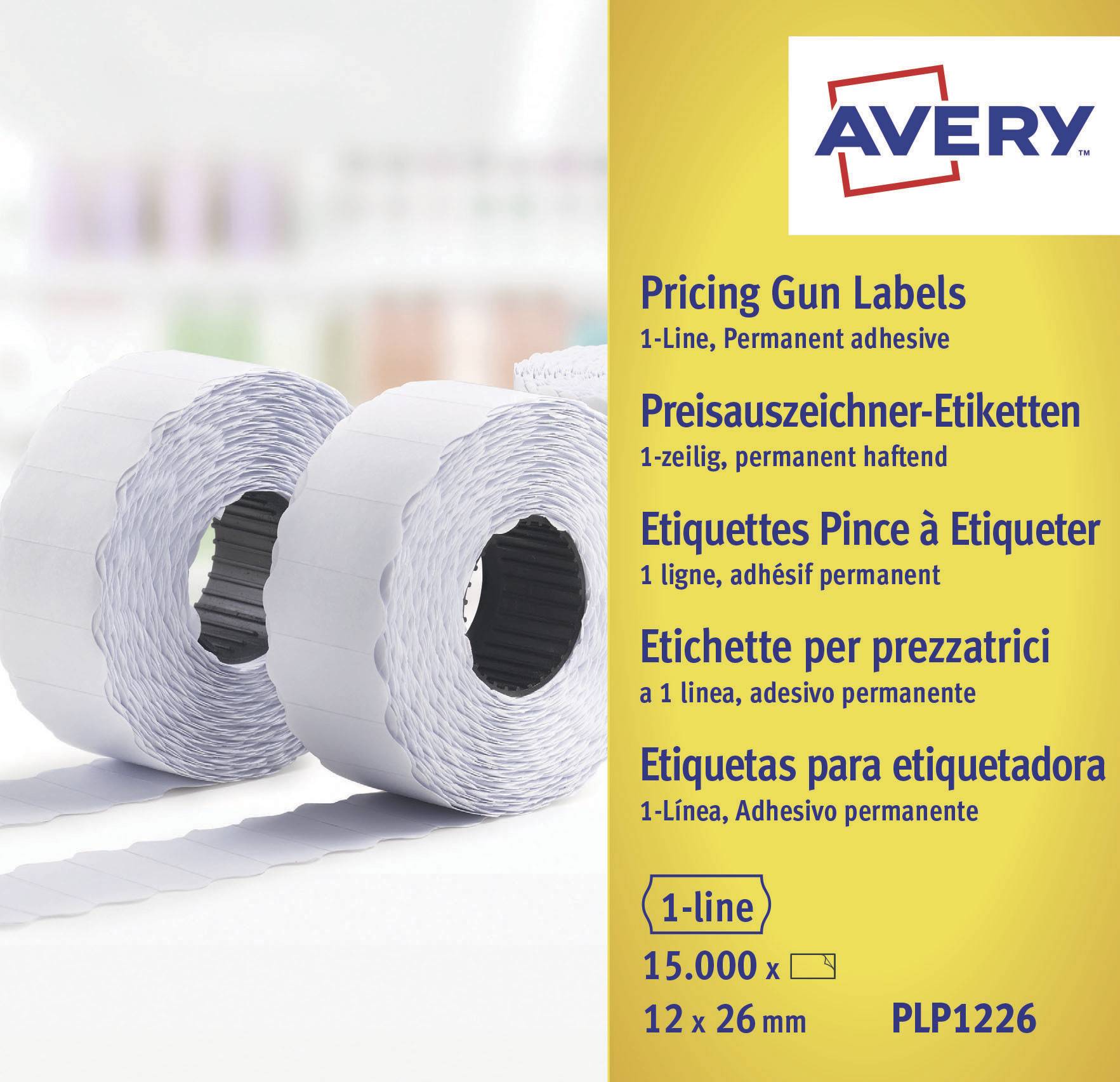 Tri role nalepk s cenami za enočrtne cenovne označevalce, s trajnim lepilom, na rumeni podlagi. Znamka: Avery.