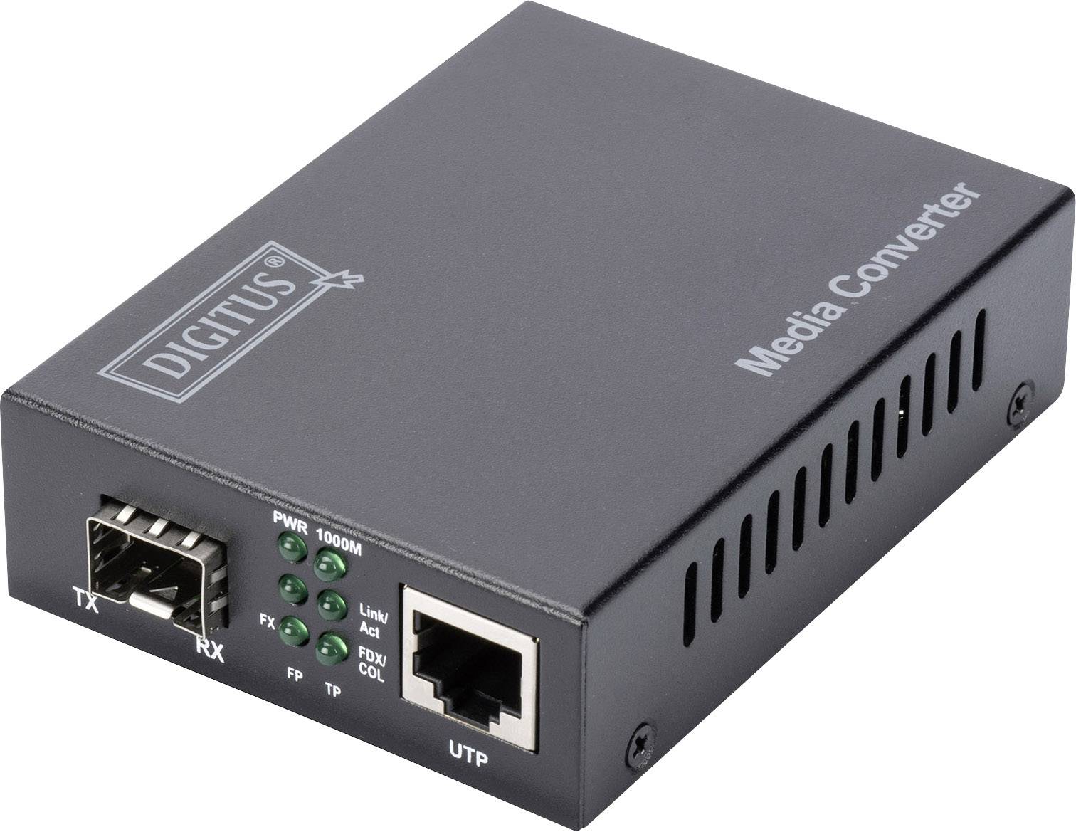 Črn medijski pretvornik z blagovno znamko 'DIGITUS'. Ima priključke za optična vlakna (levo) in Ethernet (desno).