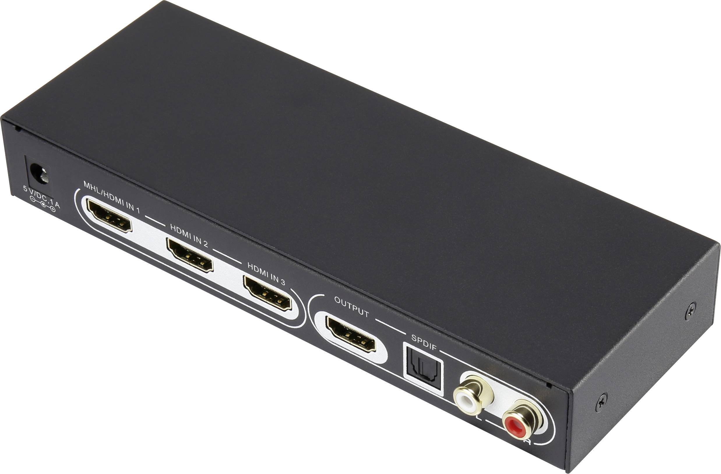 Črna HDMI stikalna škatla s tremi HDMI vhodi, enim HDMI izhodom, optičnim avdio izhodom in komponentnimi avdio priključki.