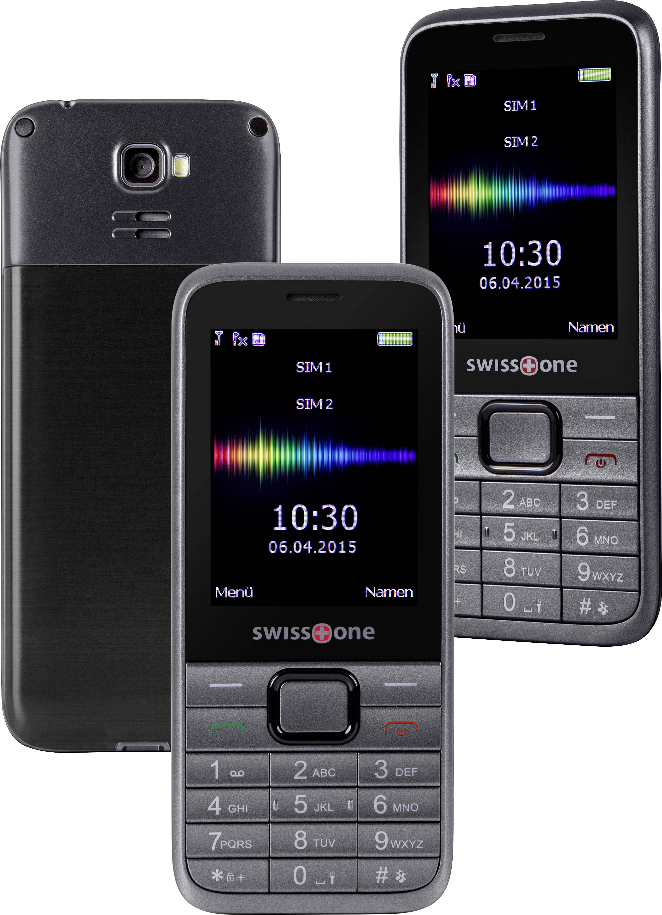 Dva črna mobilna telefona znamke swissone z barvnim zaslonom in tipkovnico. Zaslon prikazuje: '10:30, 06.04.2015', status SIM kartice.