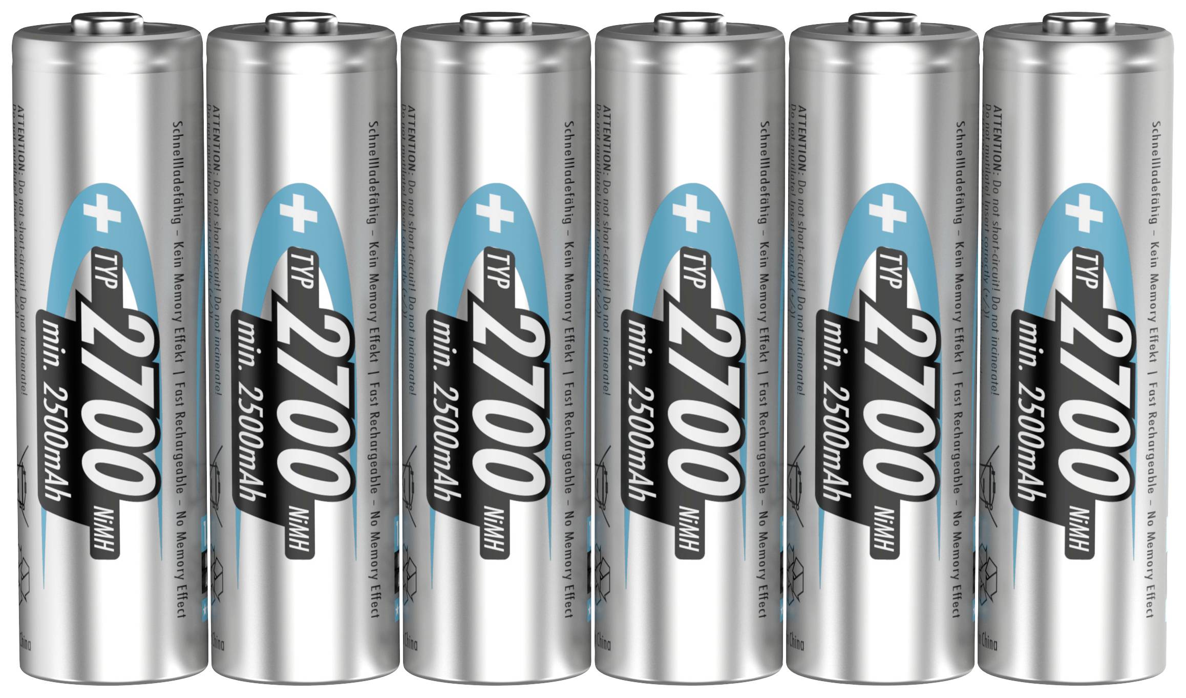 Šest srebrnih AA baterij z modrimi in črnimi nalepkami, na katerih piše '2700 mAh', postavljenih v vrsto.