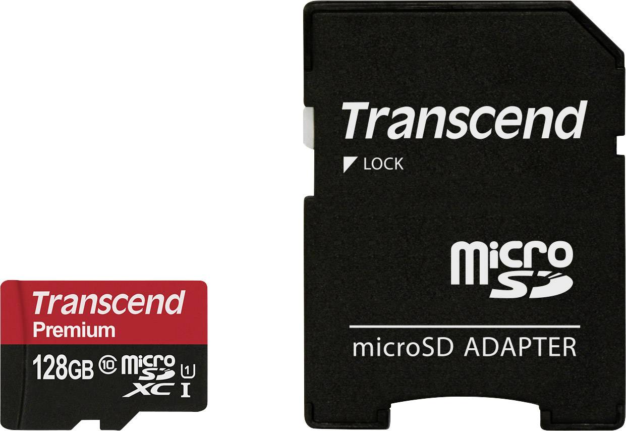 Transcend Premium 128 GB mikroSD-kartica z adapterjem, primerna za snemanje visokokakovostnih videoposnetkov in hitri prenos podatkov.
